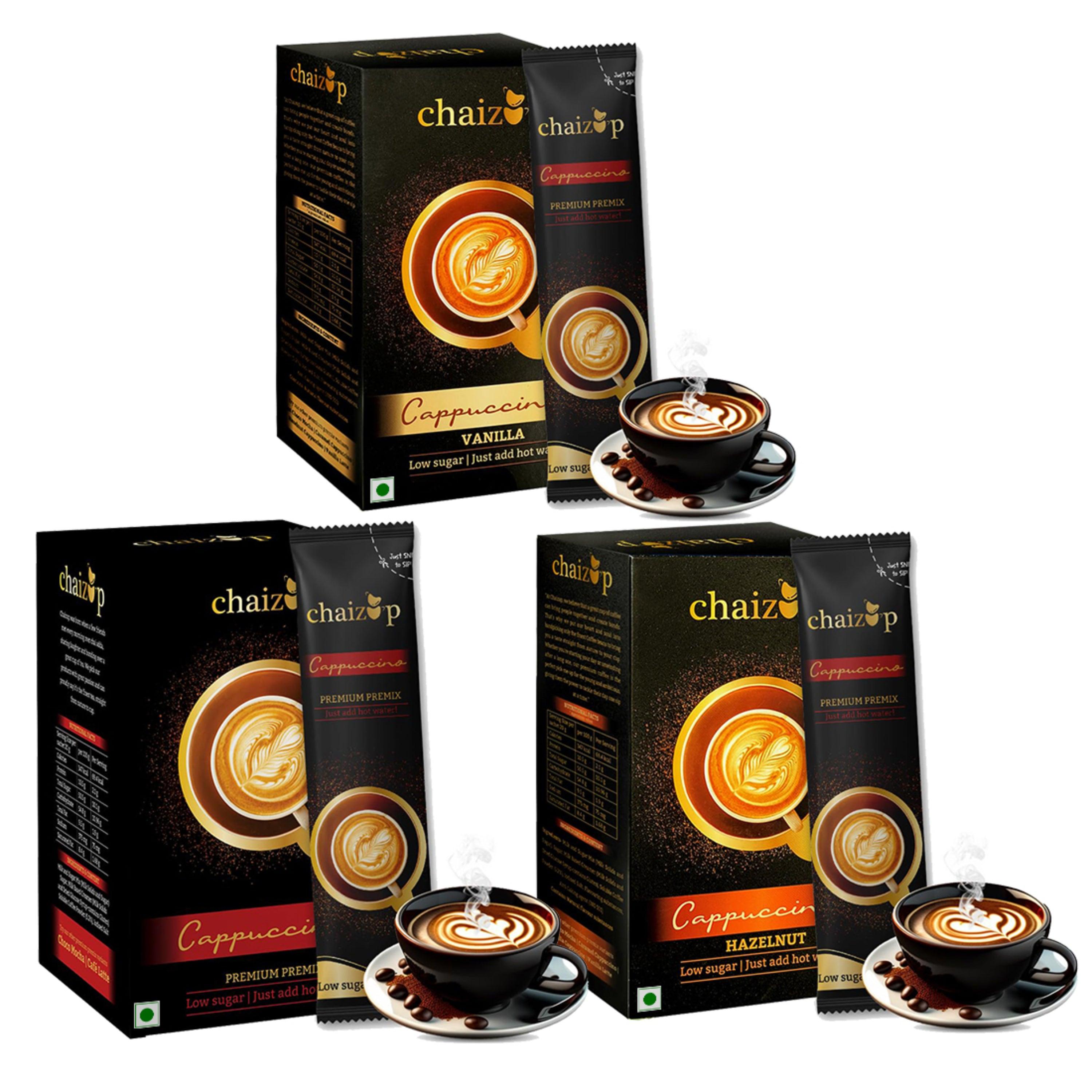 Chaizup Premium 1 Min Instant Assorted Coffee Pack - 18 Sachets | Caramel, Vanilla & Cappuccino Flavours | 18 Servings | 360g (3 Packs, 6 Flavours Each)